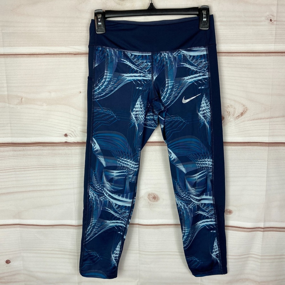 Nike Leggings Womens XS Power Tight Fit Printed Crop Blue Capri Zip Pocket Run